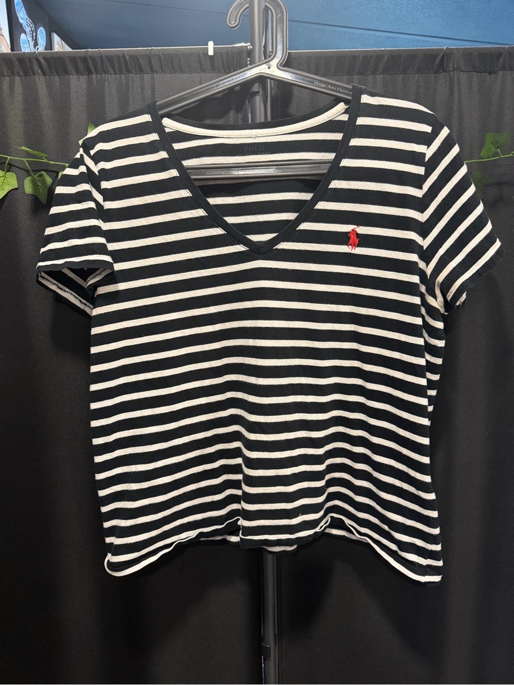 Polo by Ralph Lauren Black & White Striped V-Neck Tee with Red Pony